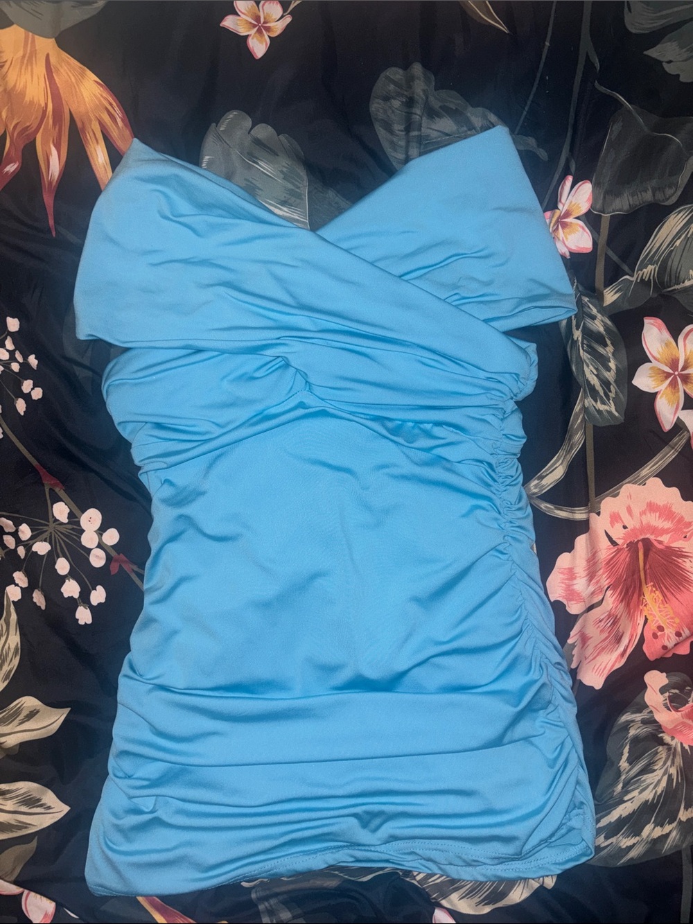Woman’s Blue Criss Cross Off the Shoulder Ruched Women’s Blouse, Size M